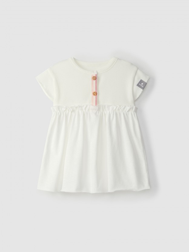 Vestido algodo orgnico ajour e fita riscas