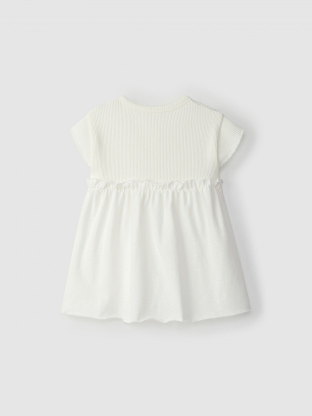 Vestido algodo orgnico ajour e fita riscas