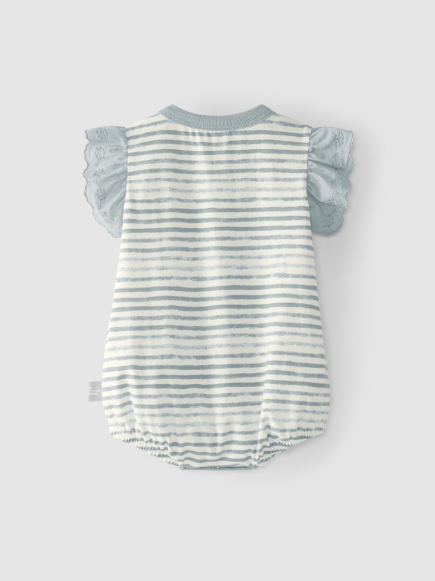 Striped shortie with embroidered ruffled sleeves