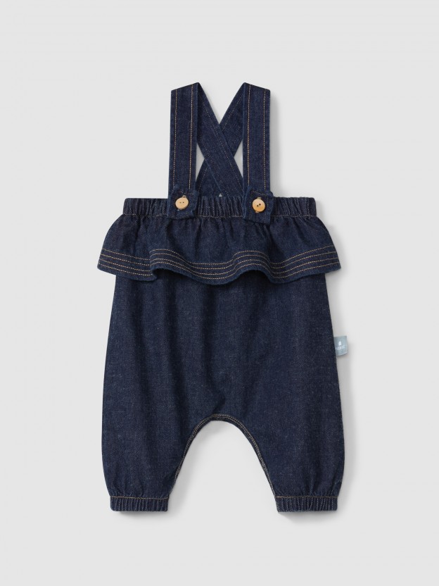 Dungarees with ruffle in organic cotton denim