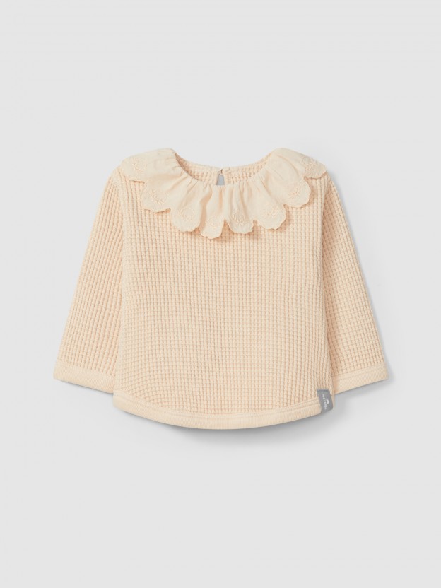 Waffle weave sweater with ruffled collar