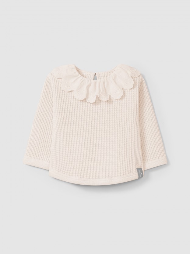 Waffle weave sweater with ruffled collar