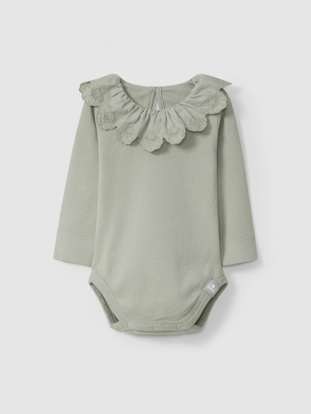 Bodysuit with ruffled collar English embroidery