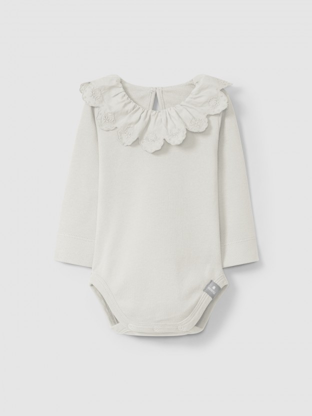 Bodysuit with ruffled collar English embroidery