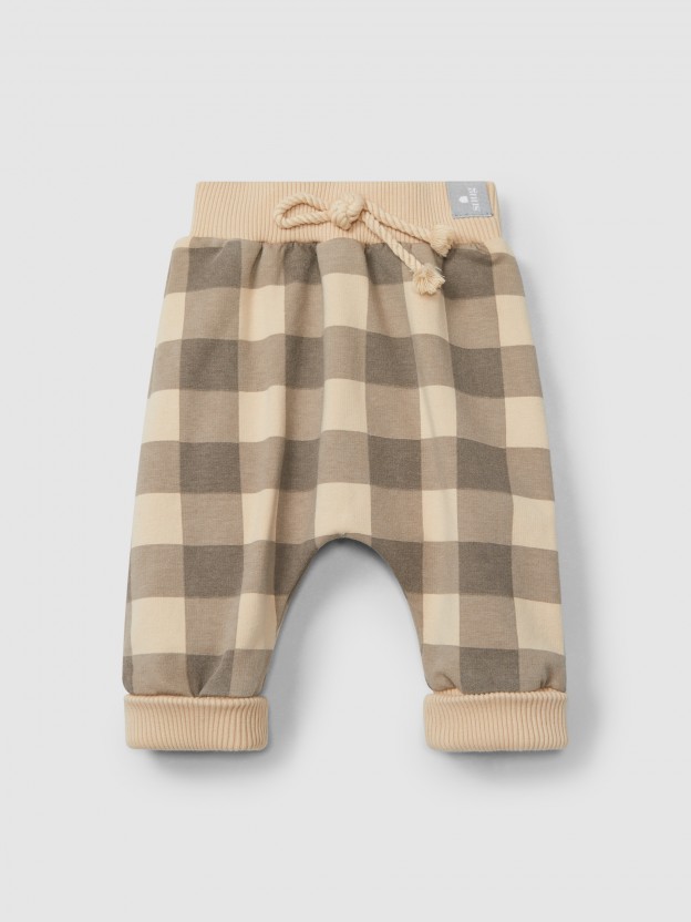 Plaid pull-up pants and decorative drawstring