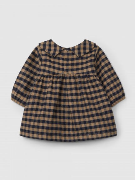 Vestido xadrez com gola bordada em fio de lã Vestido xadrez com gola bordada em fio de lã