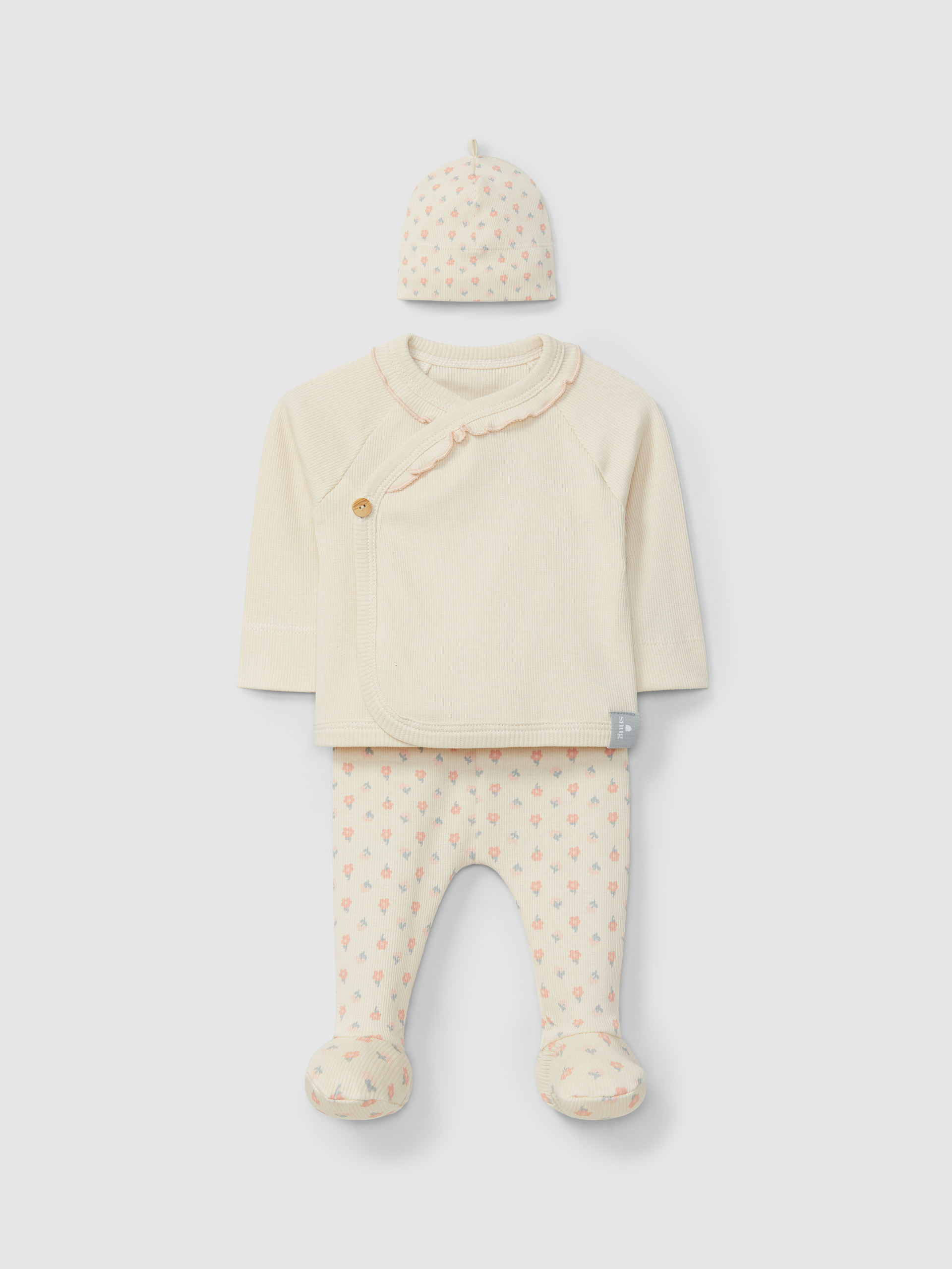 Conjunto de três peças flores em malha canelada