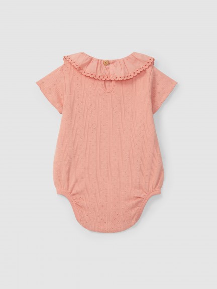 Ajour pattern bodysuit with ruffled collar English embroidery Ajour pattern bodysuit with ruffled collar English embroidery