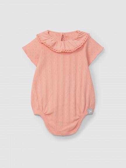 Ajour pattern bodysuit with ruffled collar English embroidery