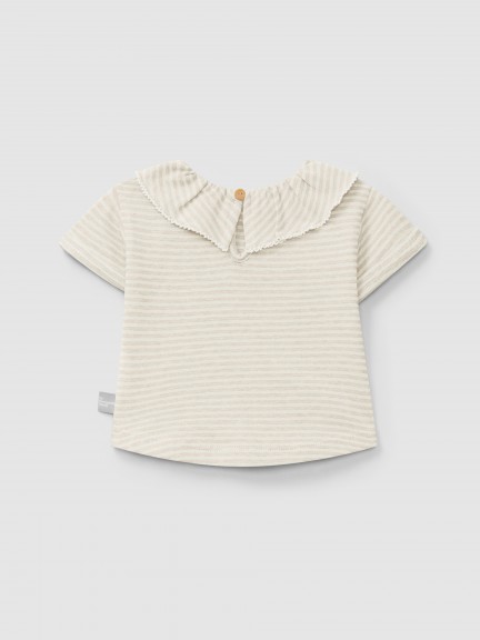 T-shirt de riscas em algodão com gola de folho T-shirt de riscas em algodão com gola de folho