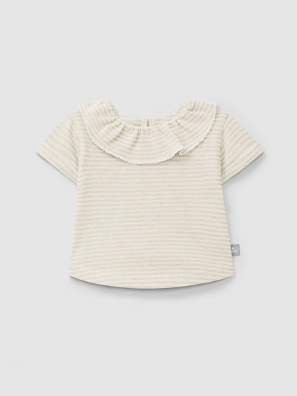 T-shirt de riscas em algodo com gola de folho