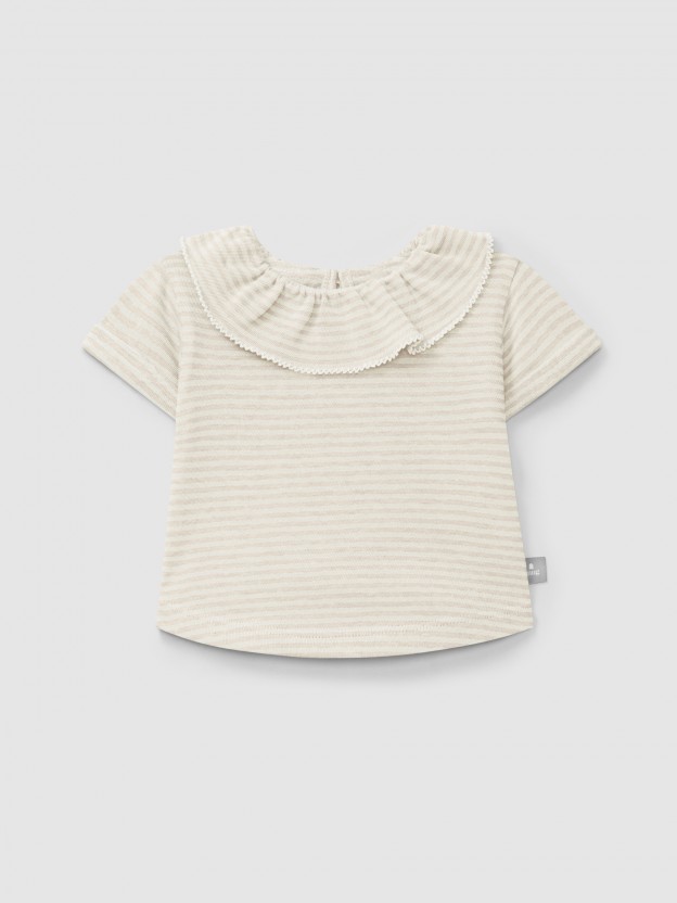 Cotton striped T-shirt with ruffled collar Cotton striped T-shirt with ruffled collar