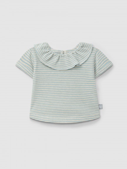 T-shirt de riscas em algodo com gola de folho