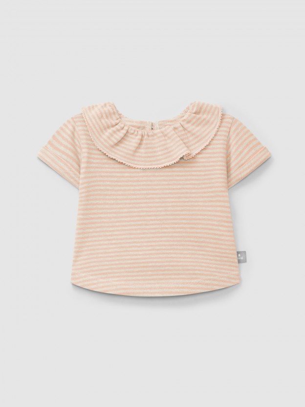 Cotton striped T-shirt with ruffled collar Cotton striped T-shirt with ruffled collar