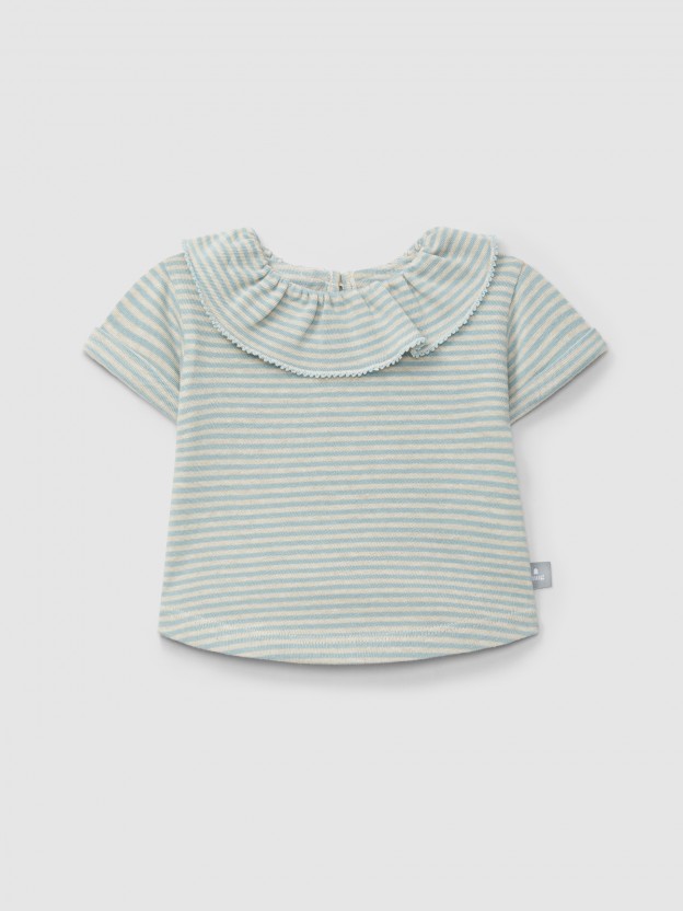 Cotton striped T-shirt with ruffled collar Cotton striped T-shirt with ruffled collar