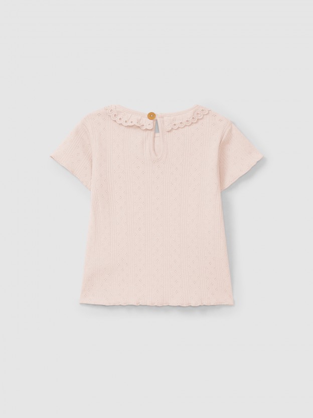 T-shirt ajour com gola de folho bordado inglês T-shirt ajour com gola de folho bordado inglês