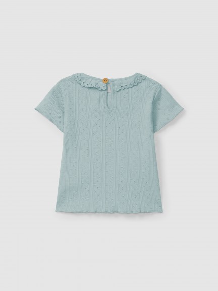 T-shirt ajour com gola de folho bordado inglês T-shirt ajour com gola de folho bordado inglês