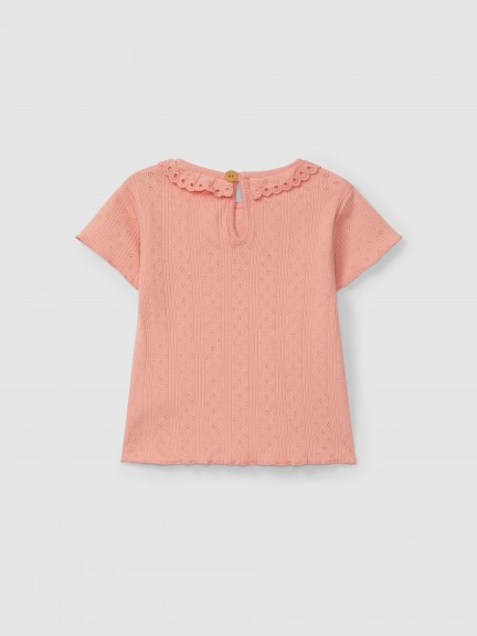 T-shirt ajour com gola de folho bordado inglês T-shirt ajour com gola de folho bordado inglês