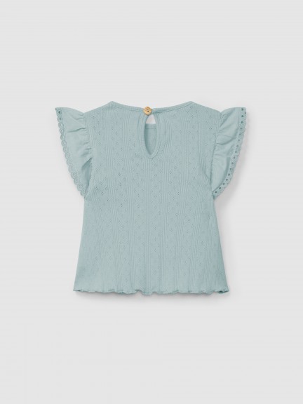 Top ajour com mangas de folho bordado inglês Top ajour com mangas de folho bordado inglês