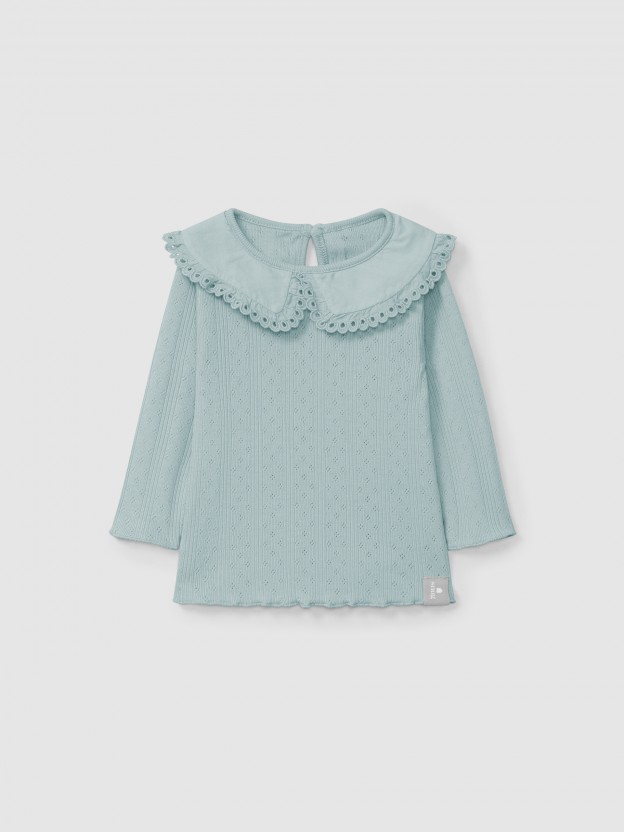 Longsleeve ajour com gola detalhe bordado ingls