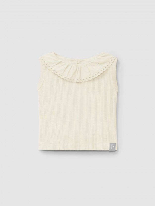 Ribbed jersey singlet and English embroidery collar