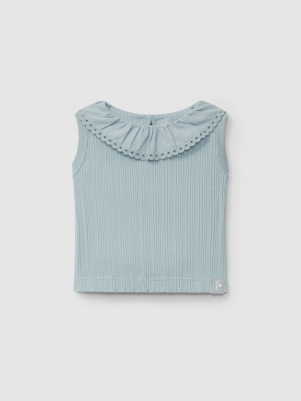 Singlet em malha canelada e gola bordado ingls