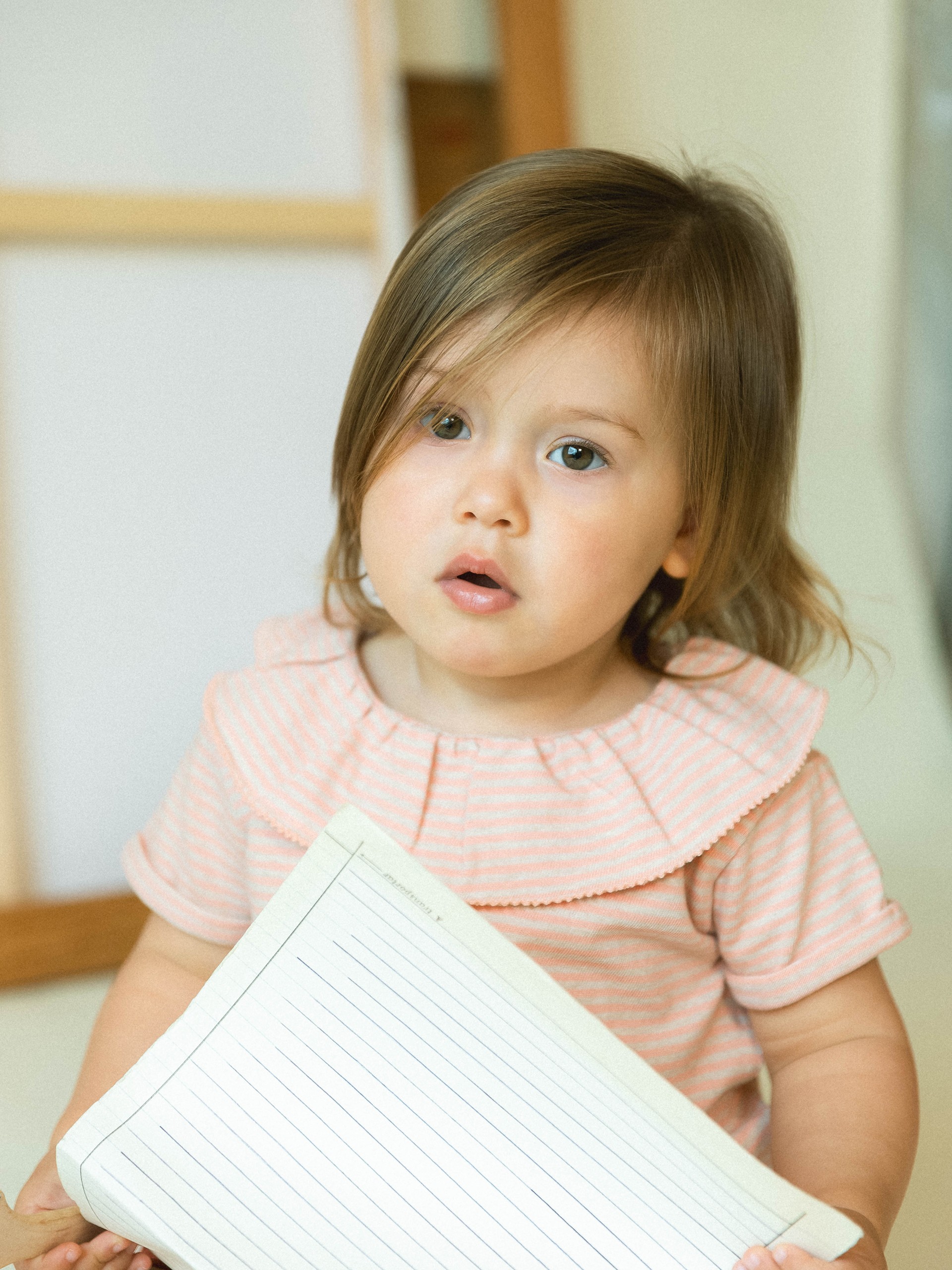 T-shirt de riscas em algodão com gola de folho