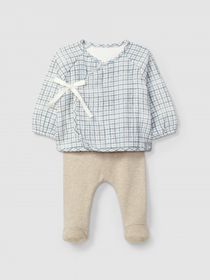 Two-piece set in printed muslin and plain jersey