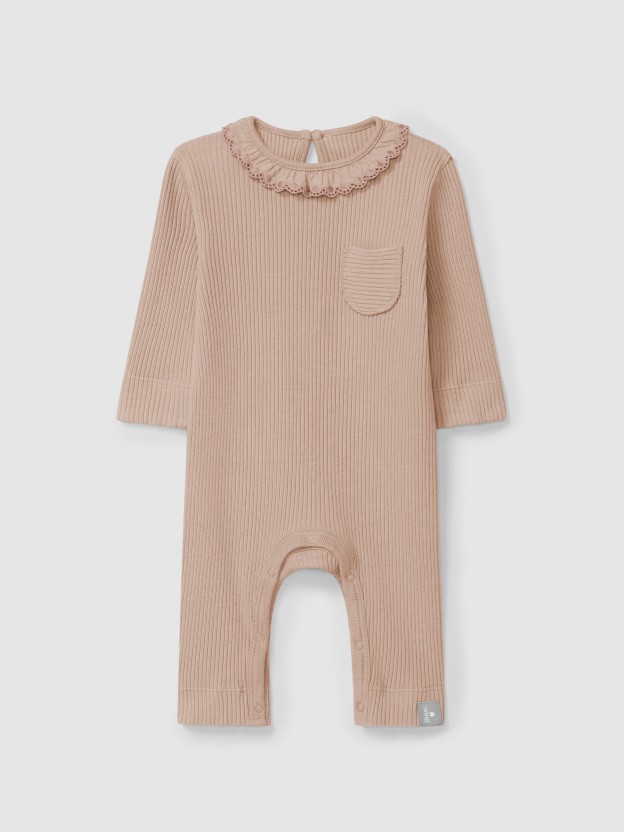 Romper in ribbed jersey with ruffled collar Romper in ribbed jersey with ruffled collar