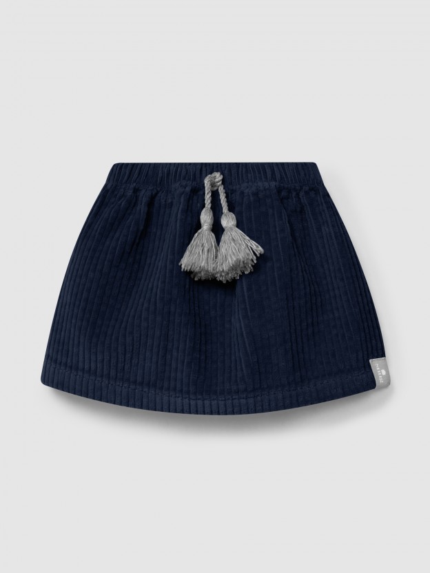 Skirt in ribbed velvet drawstring detail with pom-pom