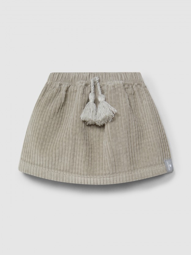 Skirt in ribbed velvet drawstring detail with pom-pom