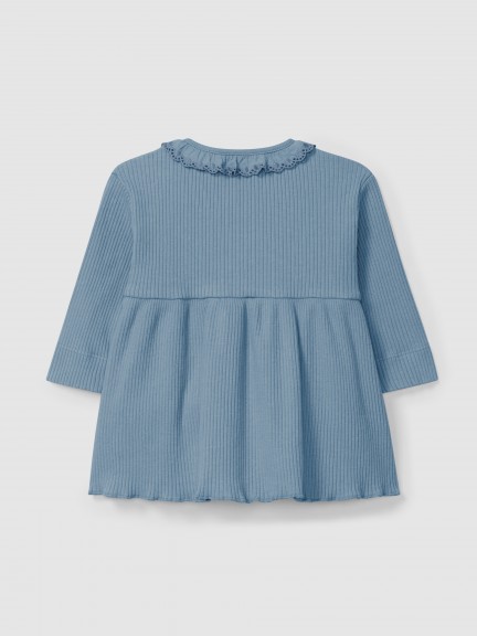 Vestido em malha canelada com gola de folho Vestido em malha canelada com gola de folho