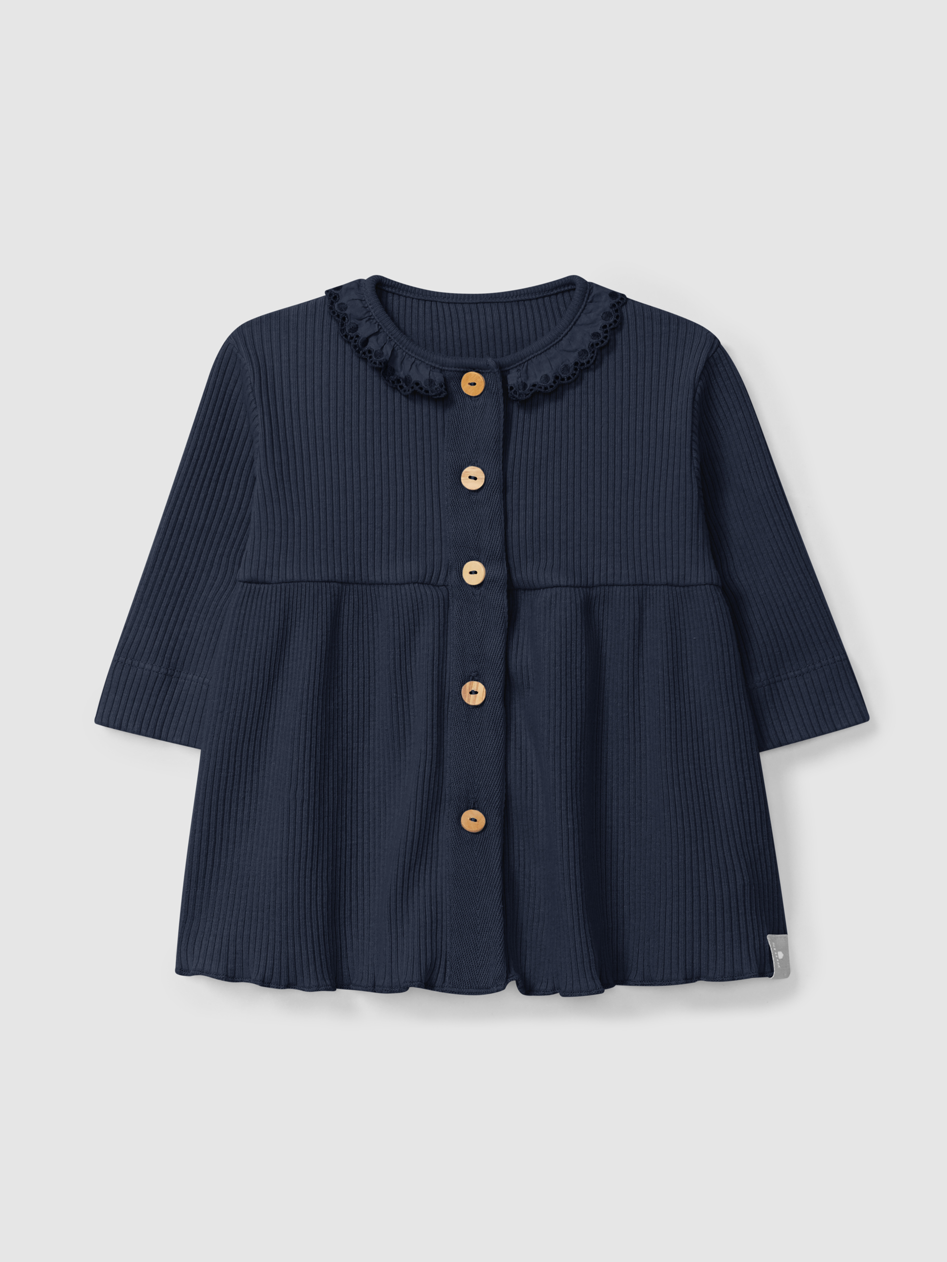 Vestido em malha canelada com gola de folho