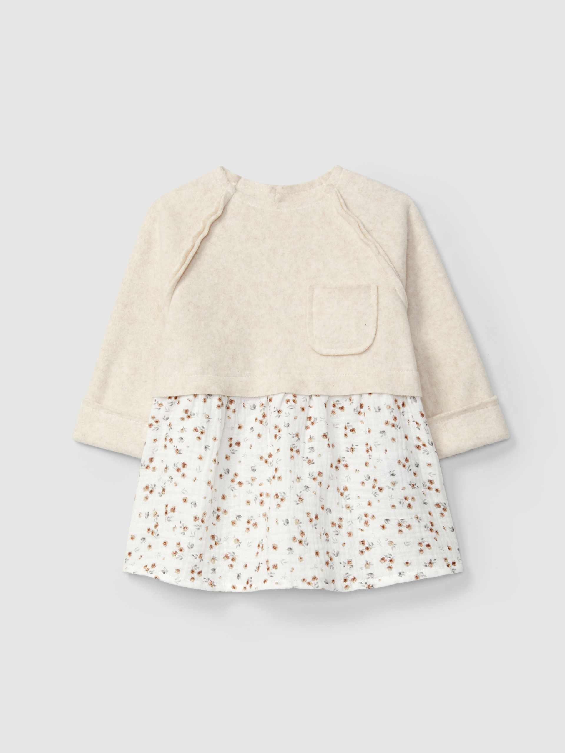 Floral muslin and organic cotton fleece dress