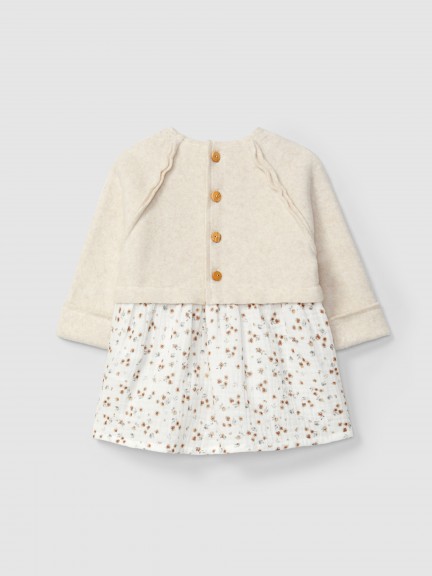 Vestido malha polar algodão orgânico e musseline floral Vestido malha polar algodão orgânico e musseline floral