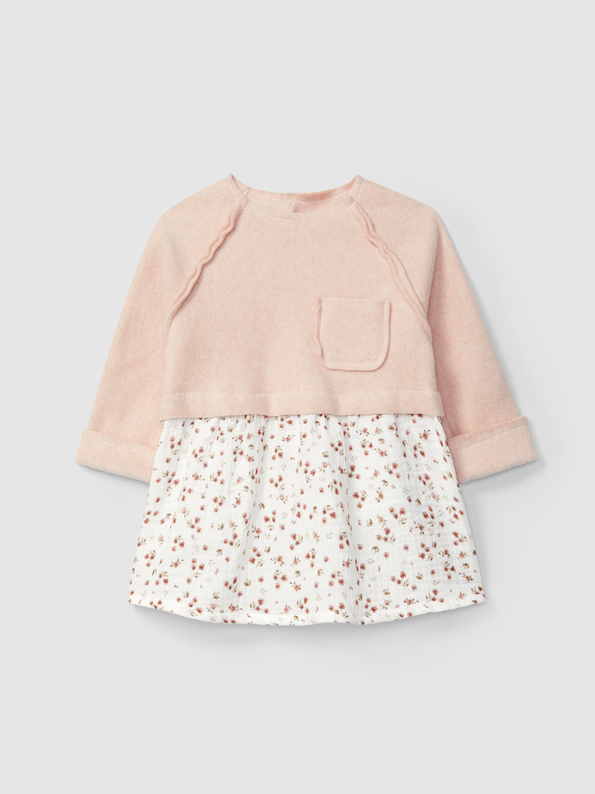 Floral muslin and organic cotton fleece dress