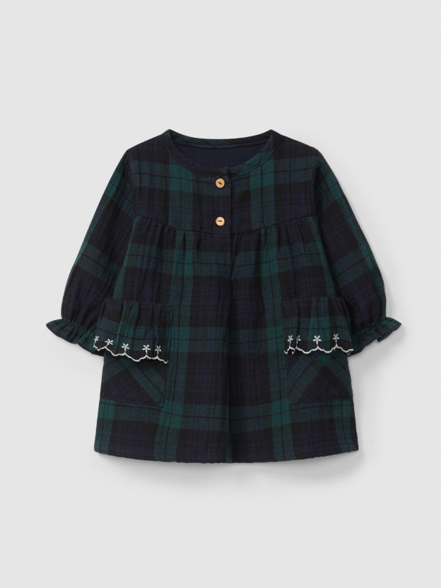 Check dress with embroidered ruffled pocket detail Check dress with embroidered ruffled pocket detail