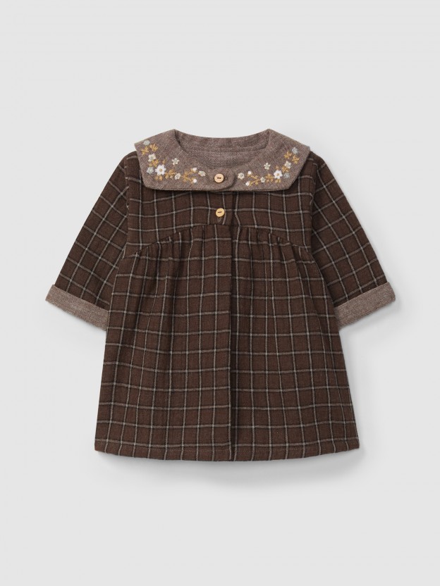 Check dress with embroidered floral detail Check dress with embroidered floral detail
