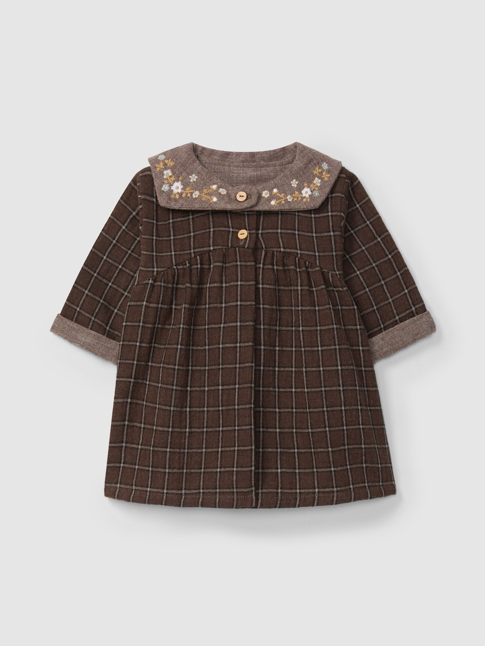 Check dress with embroidered floral detail