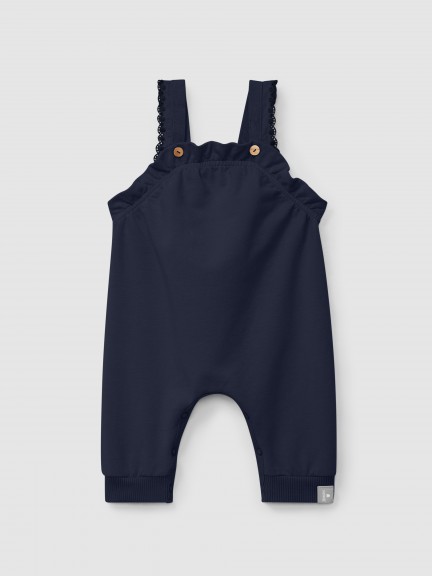 Plush dungarees with ruffled detail with embroidery