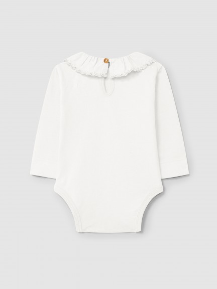 Bodysuit in organic cotton with ruffled embroidered collar Bodysuit in organic cotton with ruffled embroidered collar