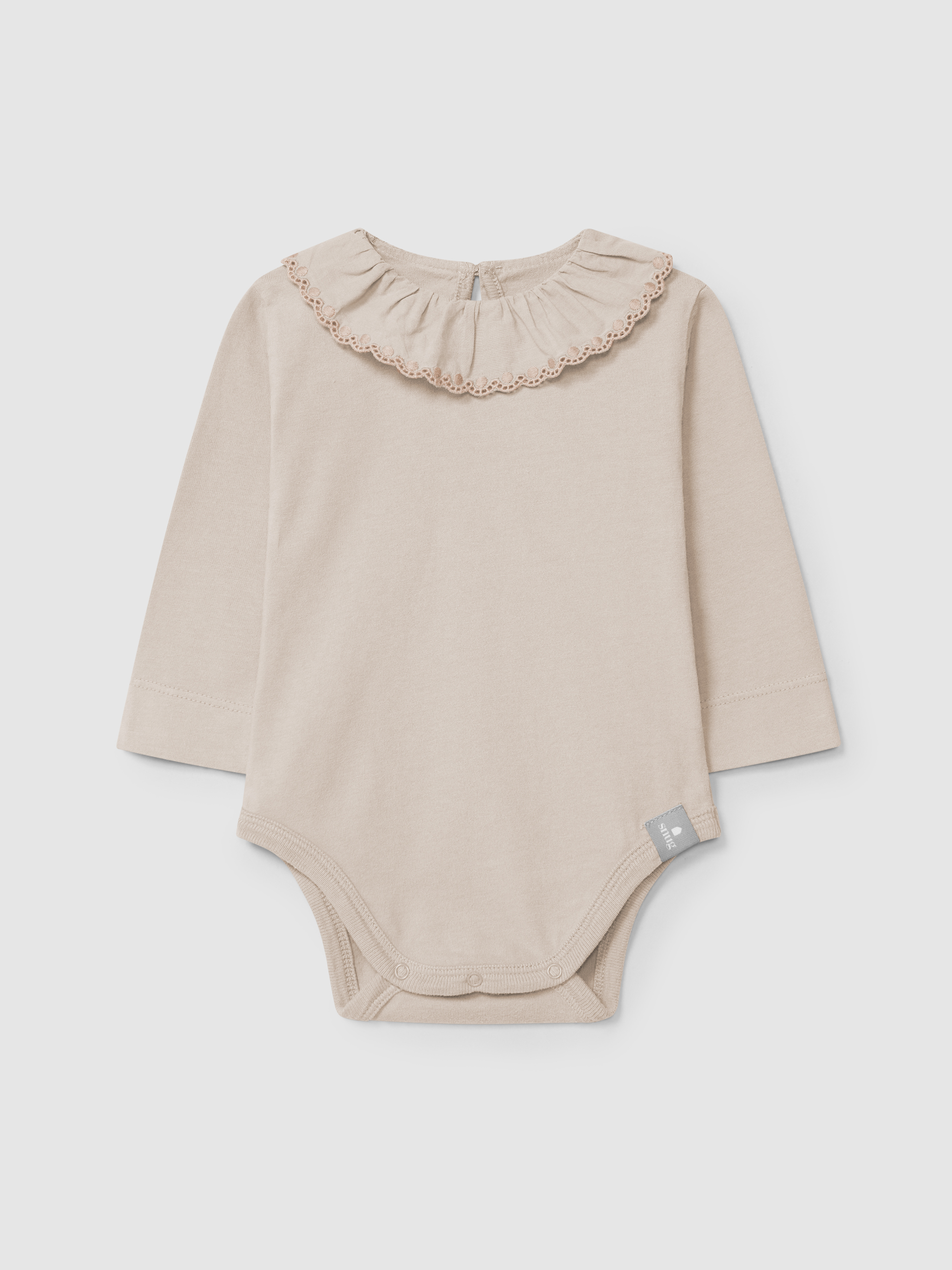 Bodysuit in organic cotton with ruffled embroidered collar