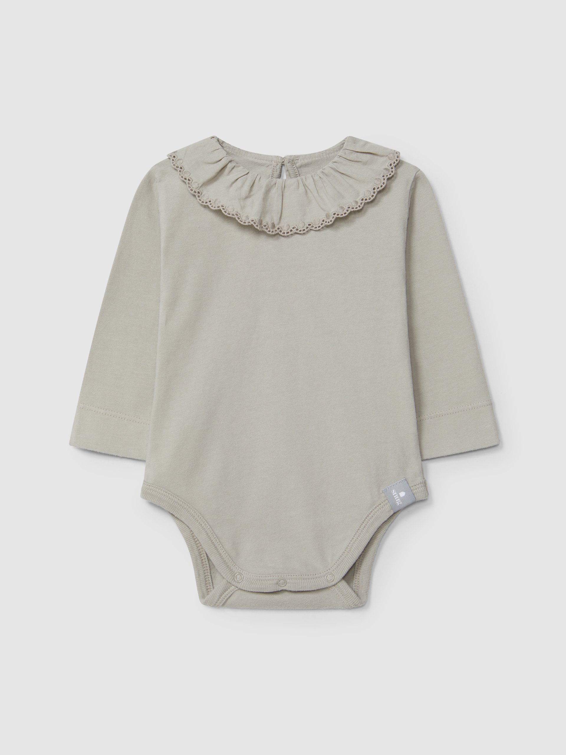 Bodysuit in organic cotton with ruffled embroidered collar