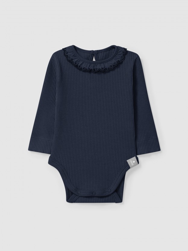 Bodysuit ribbed jersey with ruffled collar