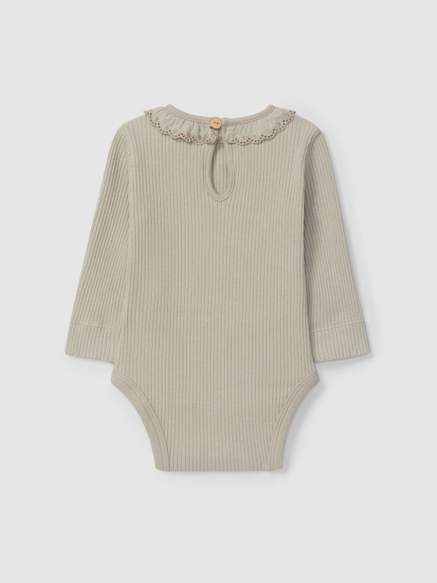 Bodysuit ribbed jersey with ruffled collar