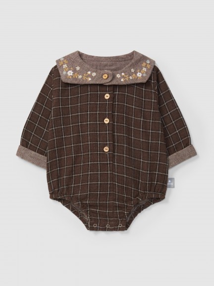 Check bodysuit with embroidered floral detail