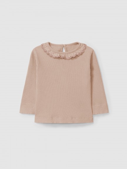 Longsleeve in ribbed jersey with ruffled collar