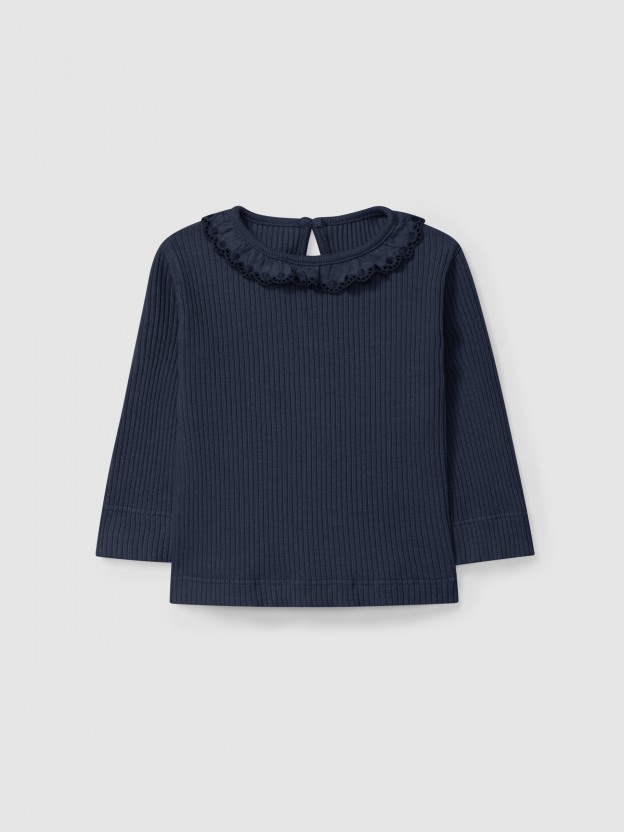 Longsleeve em malha canelada com gola de folho