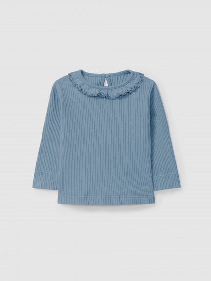 Manga larga acanalado con cuello de volante Manga larga acanalado con cuello de volante