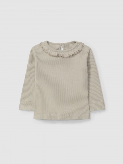 Manga larga acanalado con cuello de volante Manga larga acanalado con cuello de volante